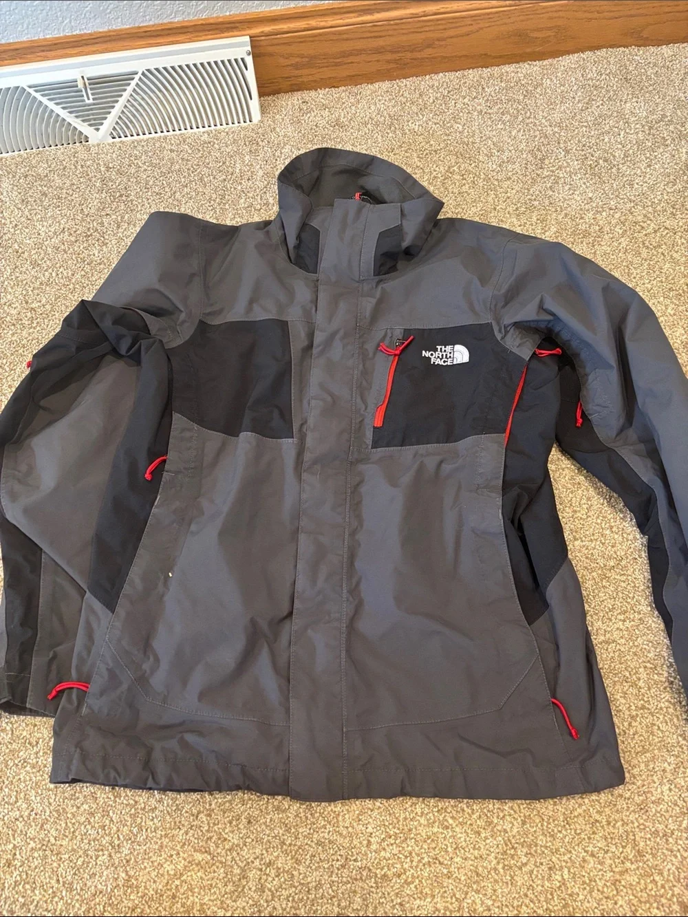 The North Face Men's Gray and Black Raincoat with Red Accents
